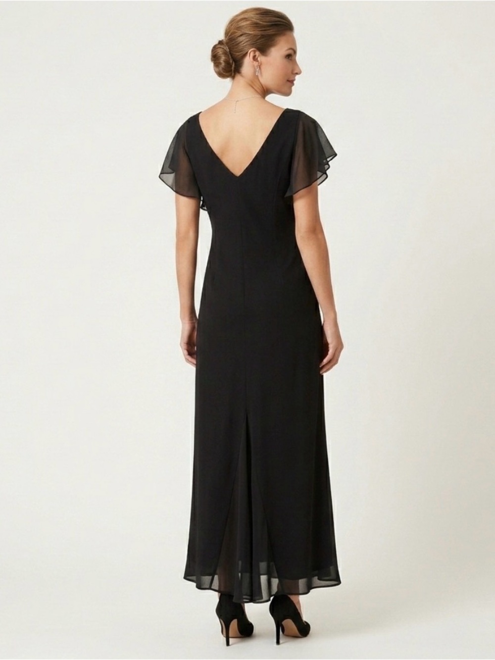 Jones New York Petite Black Flutter Sleeve V-Neck Maxi Formal Dress 12P Romance